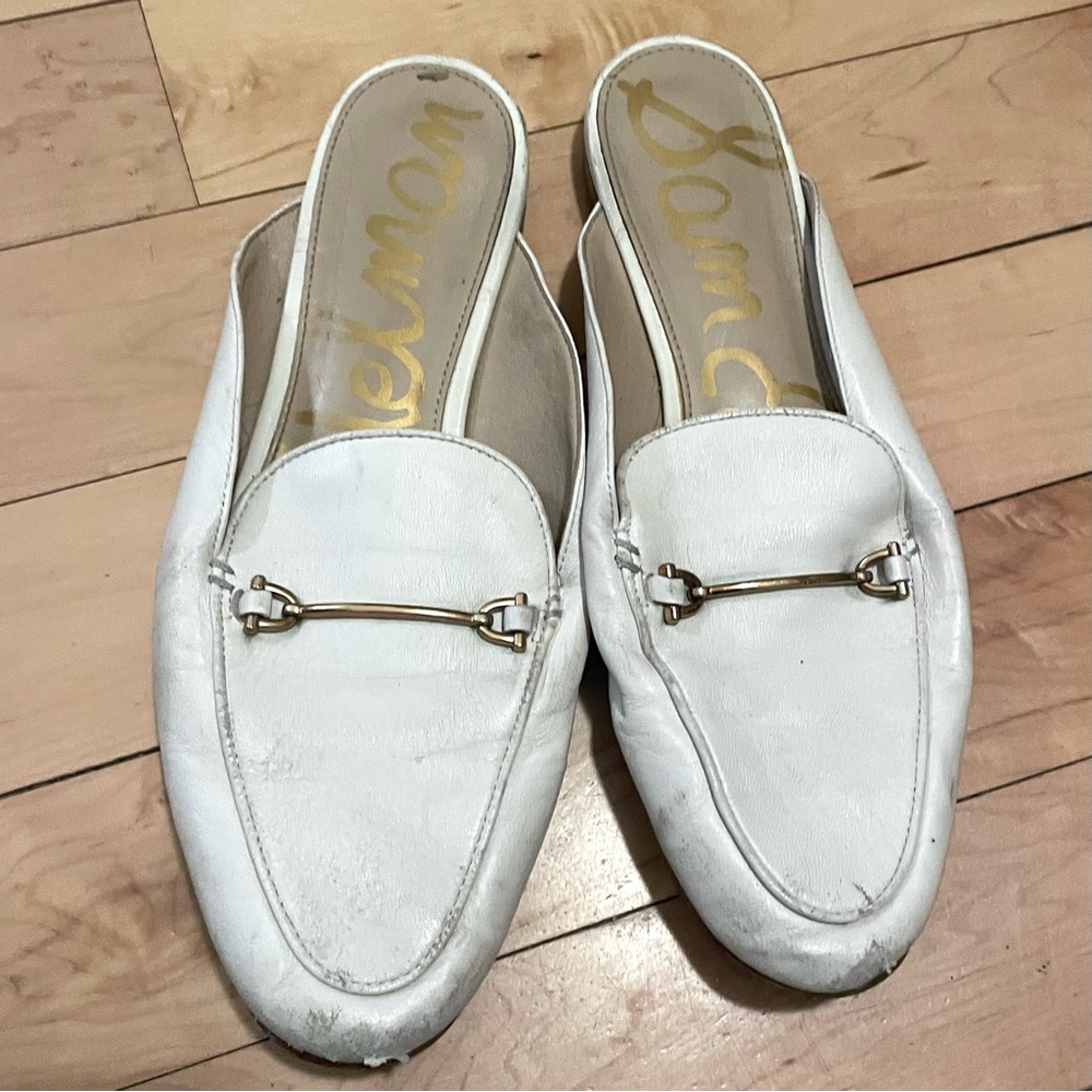 SAM EDELMAN Lounette Bit Mule White Leather Minimalist Shoes Womens Sz 8.5 AS IS
